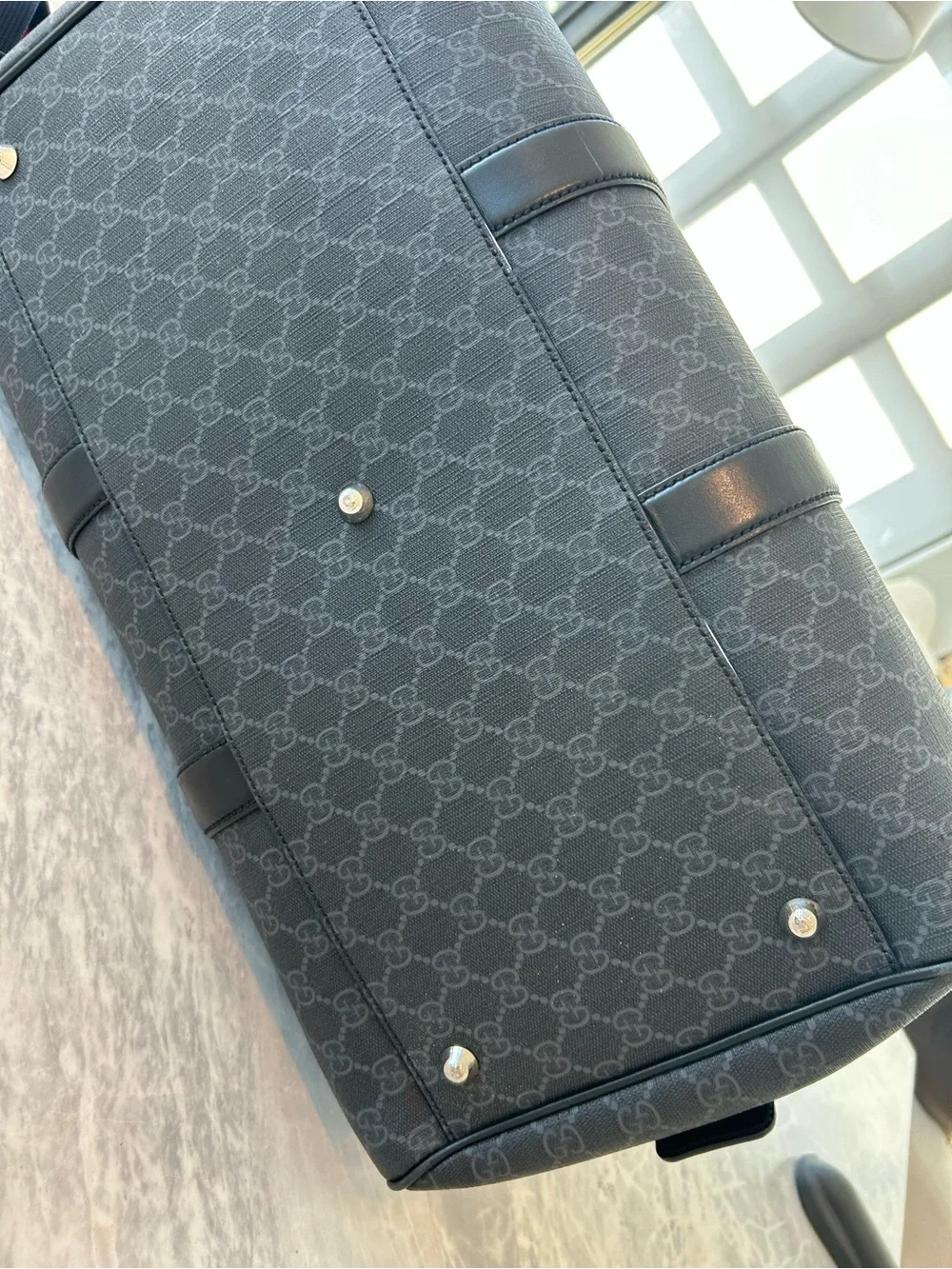 Gucci Black GG Supreme Duffel with Red and Navy Web Strap - Picture 10 of 15